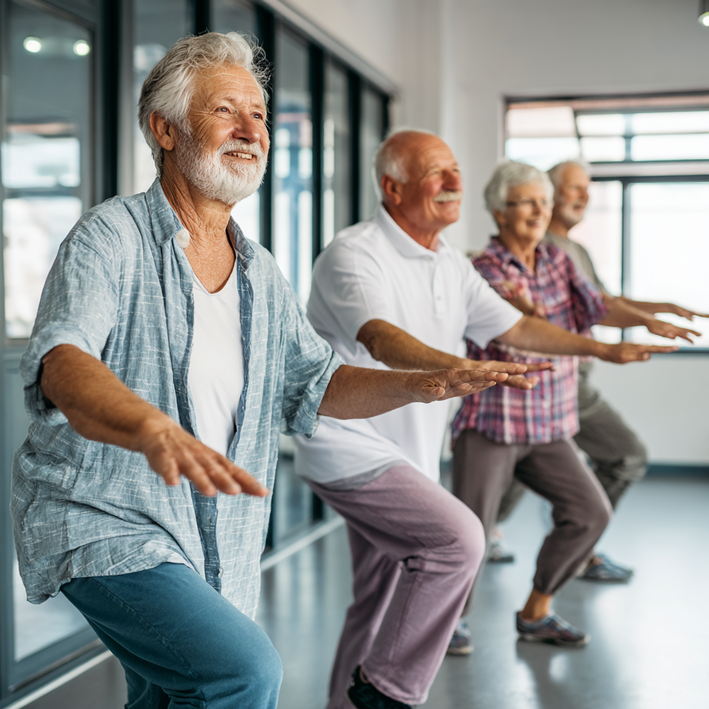 Smiling older European woman in comfortable fitness clothing, stretching peacefully in a bright, welcoming gym environment