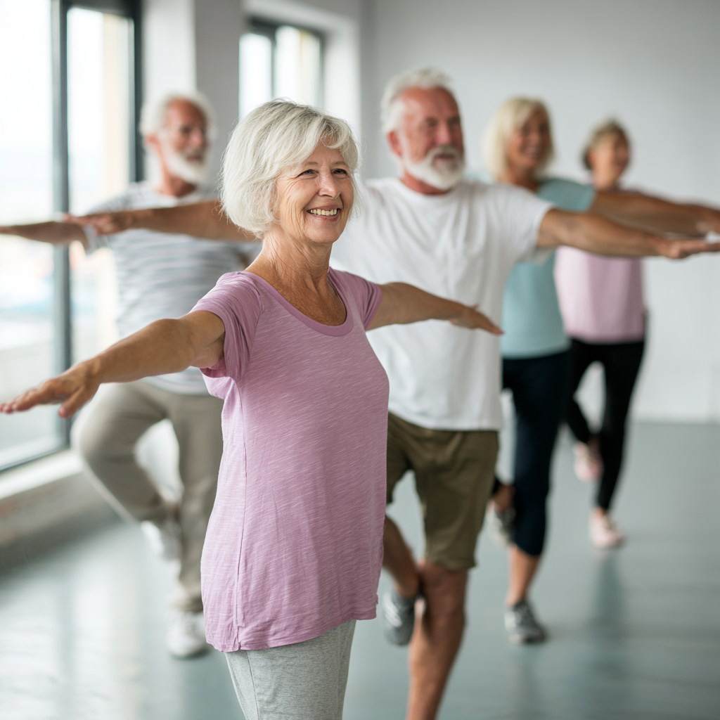Confident smiling older European man in athletic wear, standing proudly after a gentle workout session
